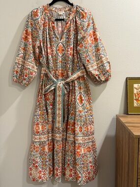 Shoshanna Size 10 Floral Maxi Dress Belted Puff Sleeve Peasant Cottagecore